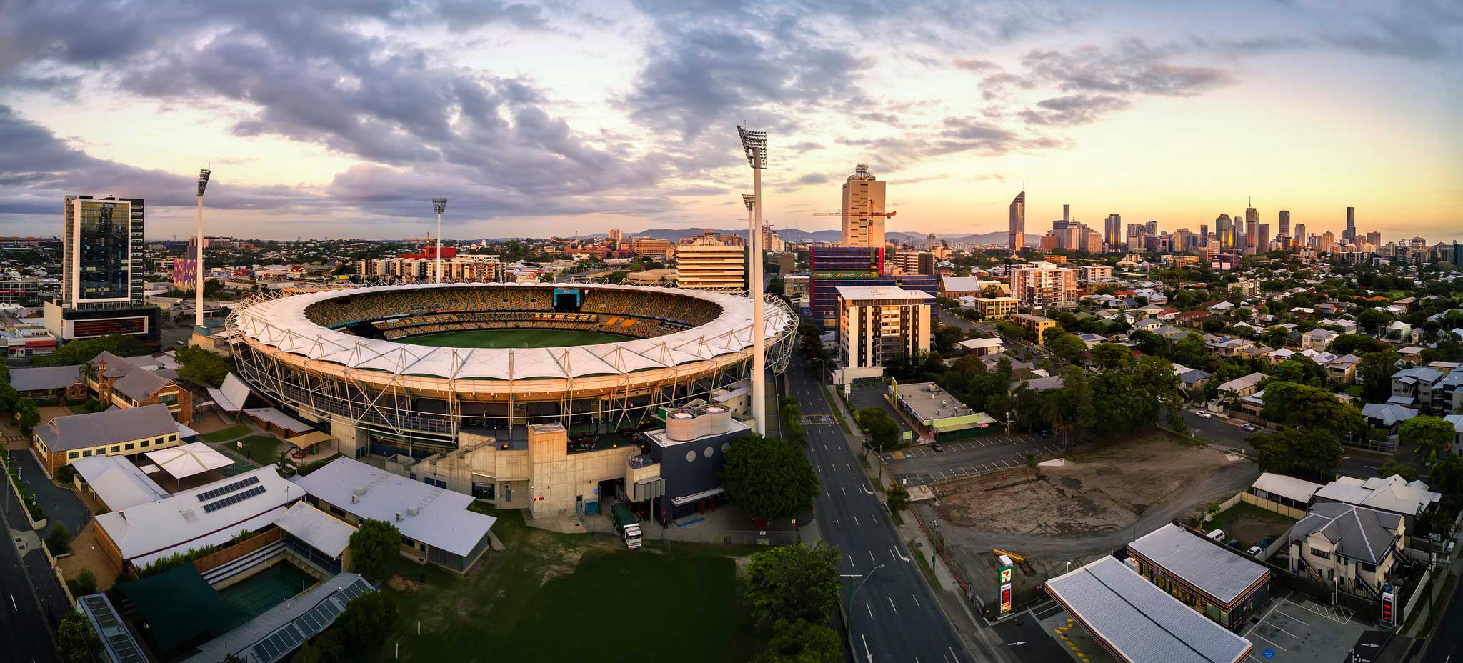 Aerial Drone Photographs Wooloongabba Sports Stadium. DroneAce takes multiple images to create impressive wide angle panorama of iconic Brisbane stadium