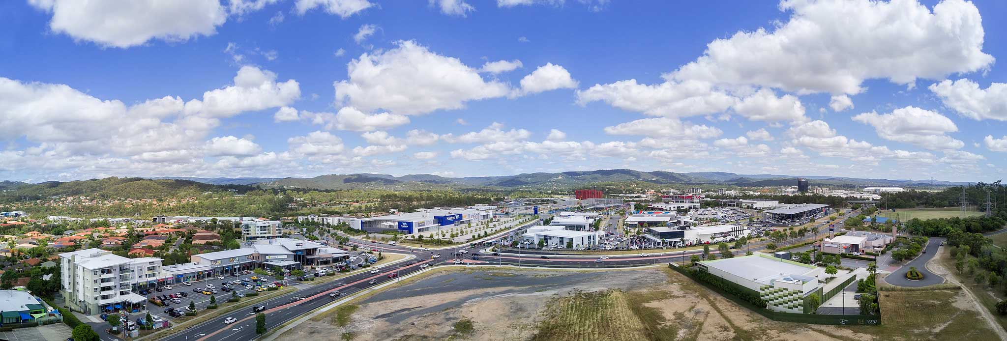 Robina Shopping precinct aerial panorama DroneAce