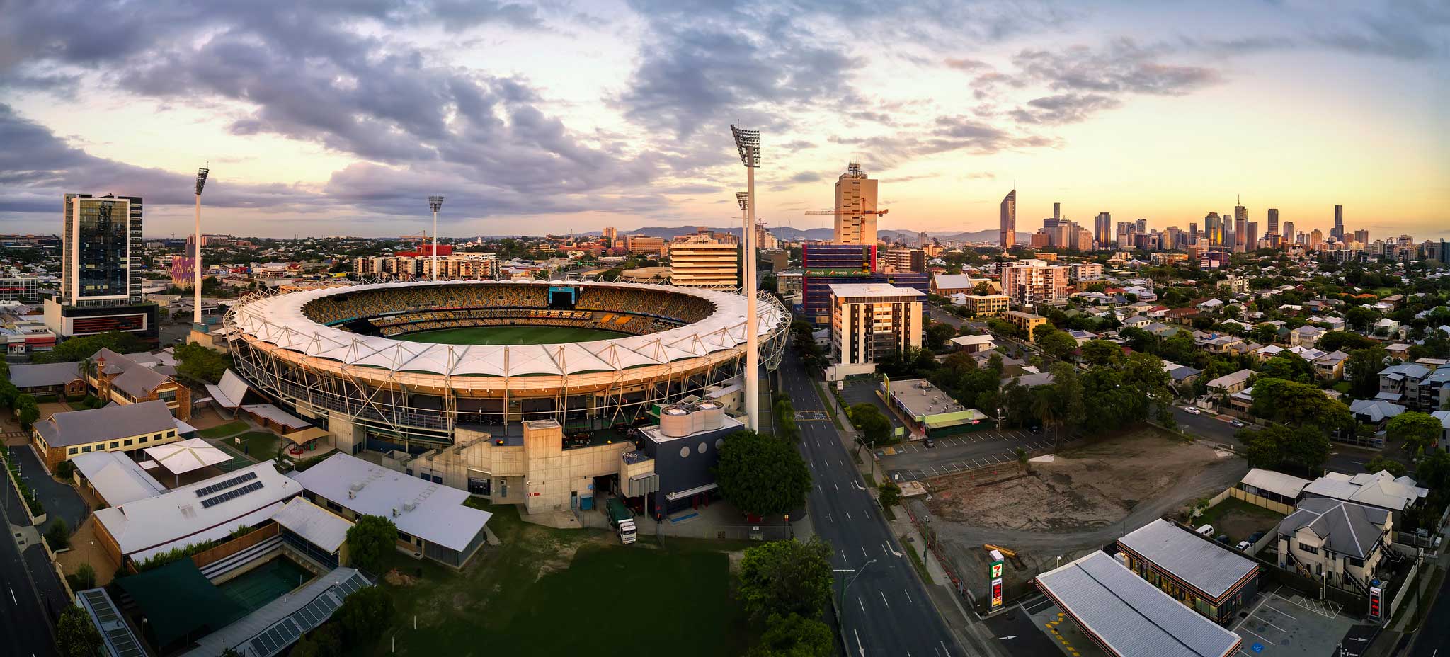 Drone Panorama Photography - Woolloongabba Stadium sunrise aerial drone photography Brisbane DroneAce