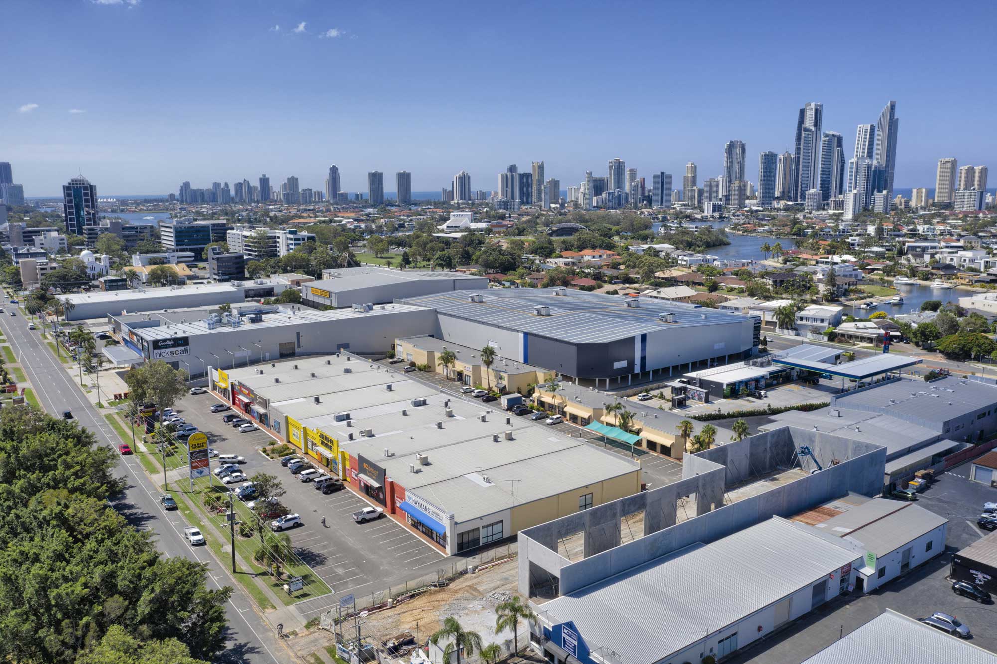 40 metres above the ground - drone photography of large format commercial building at Upton St, Bundall