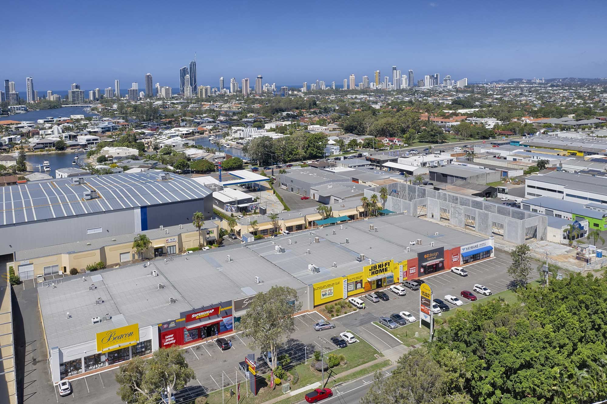 40 metres above the ground - drone photography of large format commercial building at Upton St, Bundall