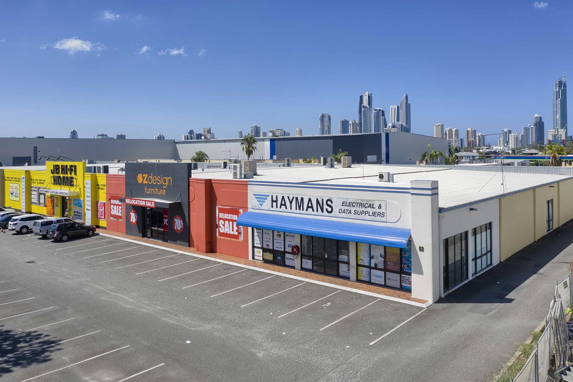 10 metres above the ground - drone photography of large format commercial building at Upton St, Bundall