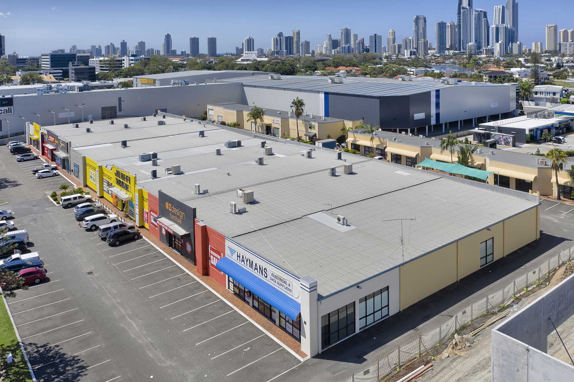 15 metres above the ground - drone photography of large format commercial building at Upton St, Bundall