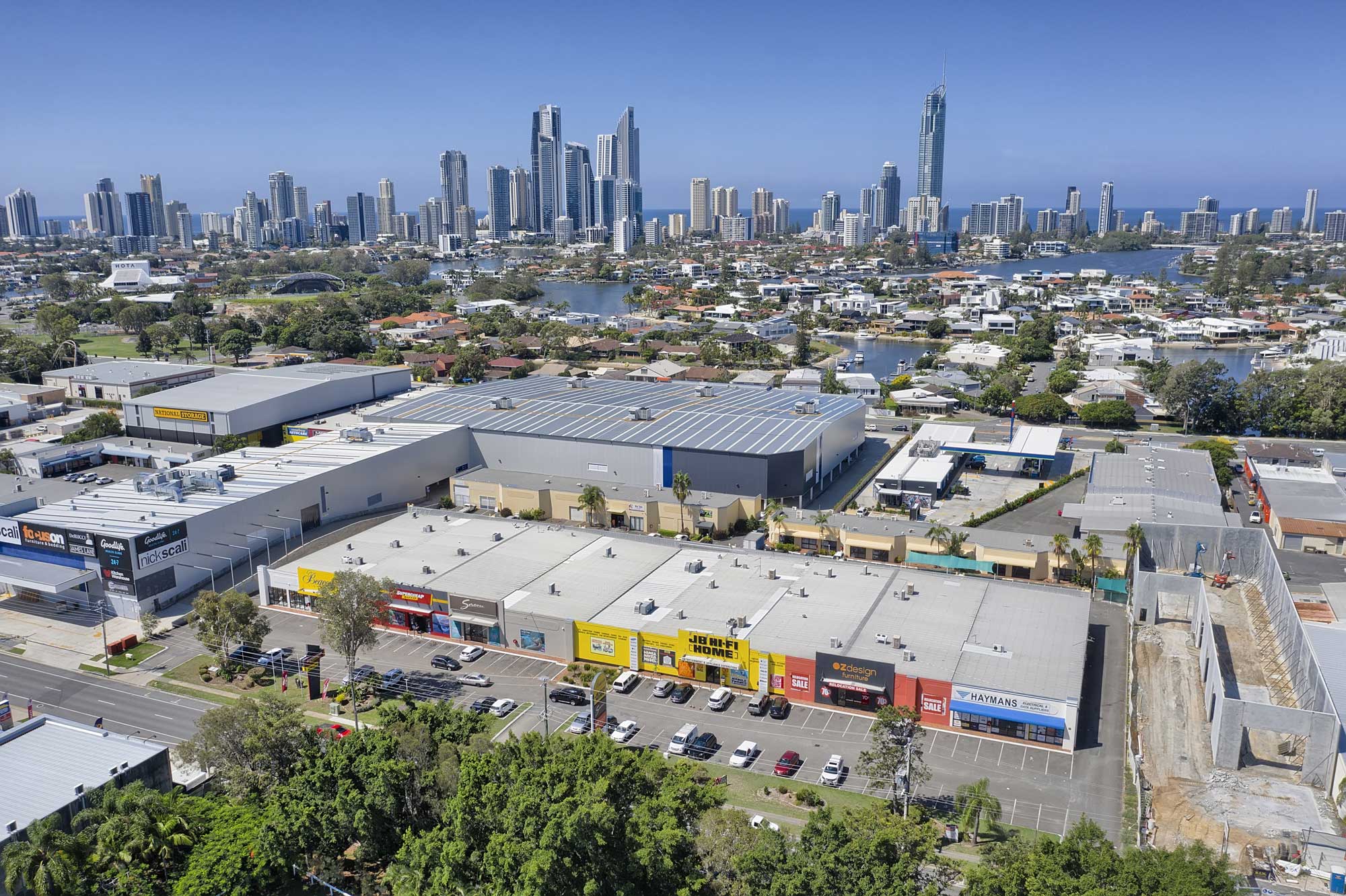 40 metres above the ground - drone photography of large format commercial building at Upton St, Bundall