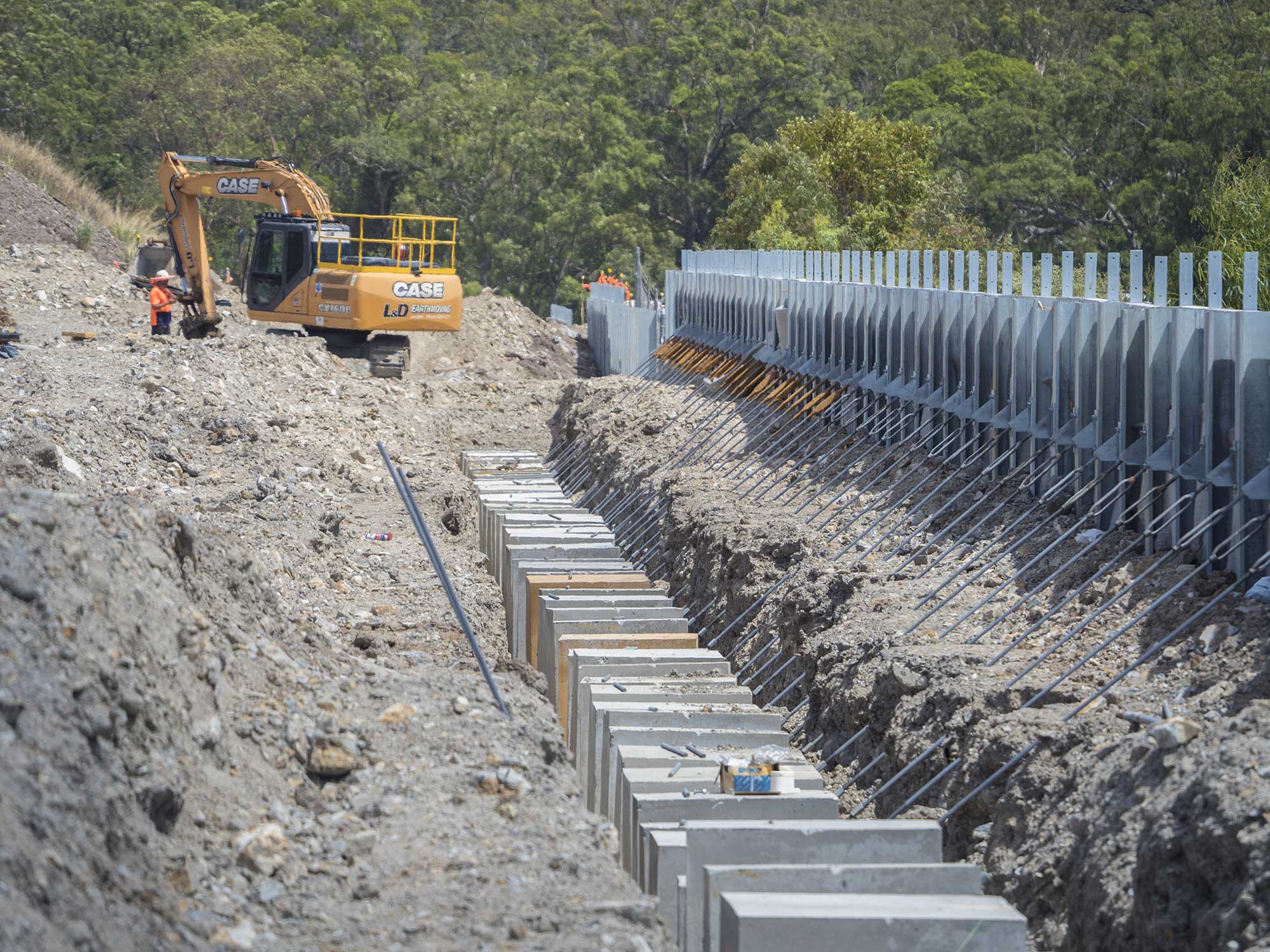 Ground photography of Concrib retaining wall under construction at Yatala