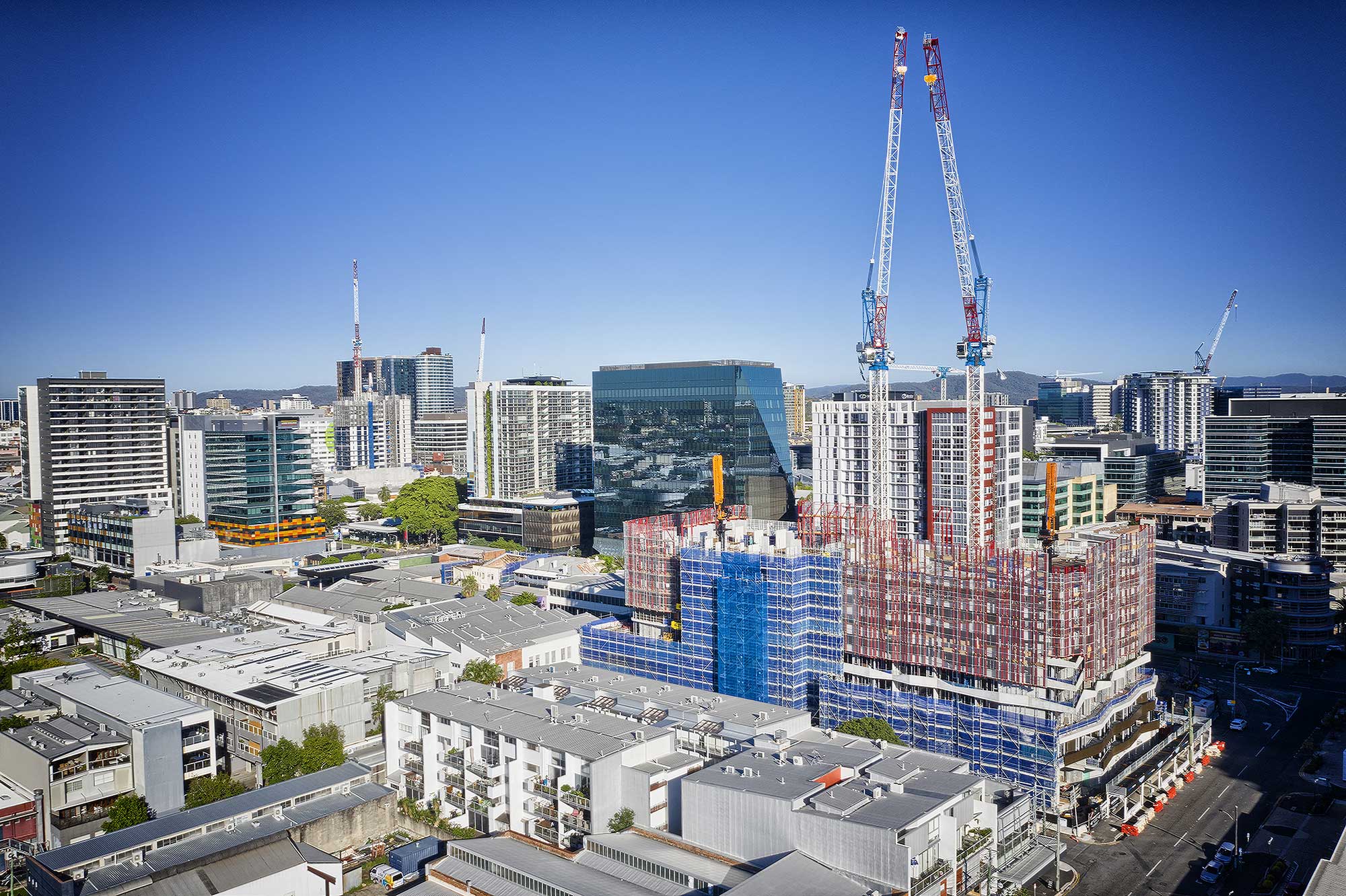 40 metres above the ground - drone photography of John Wardel Architects building on Ann St Brisbane