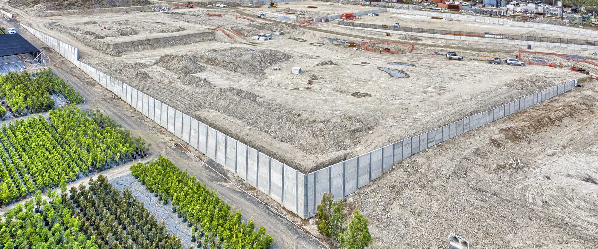 Drone photography at Aspire Industrial Park for Concrib Pty Ltd - the retaining wall at the rear of the development site