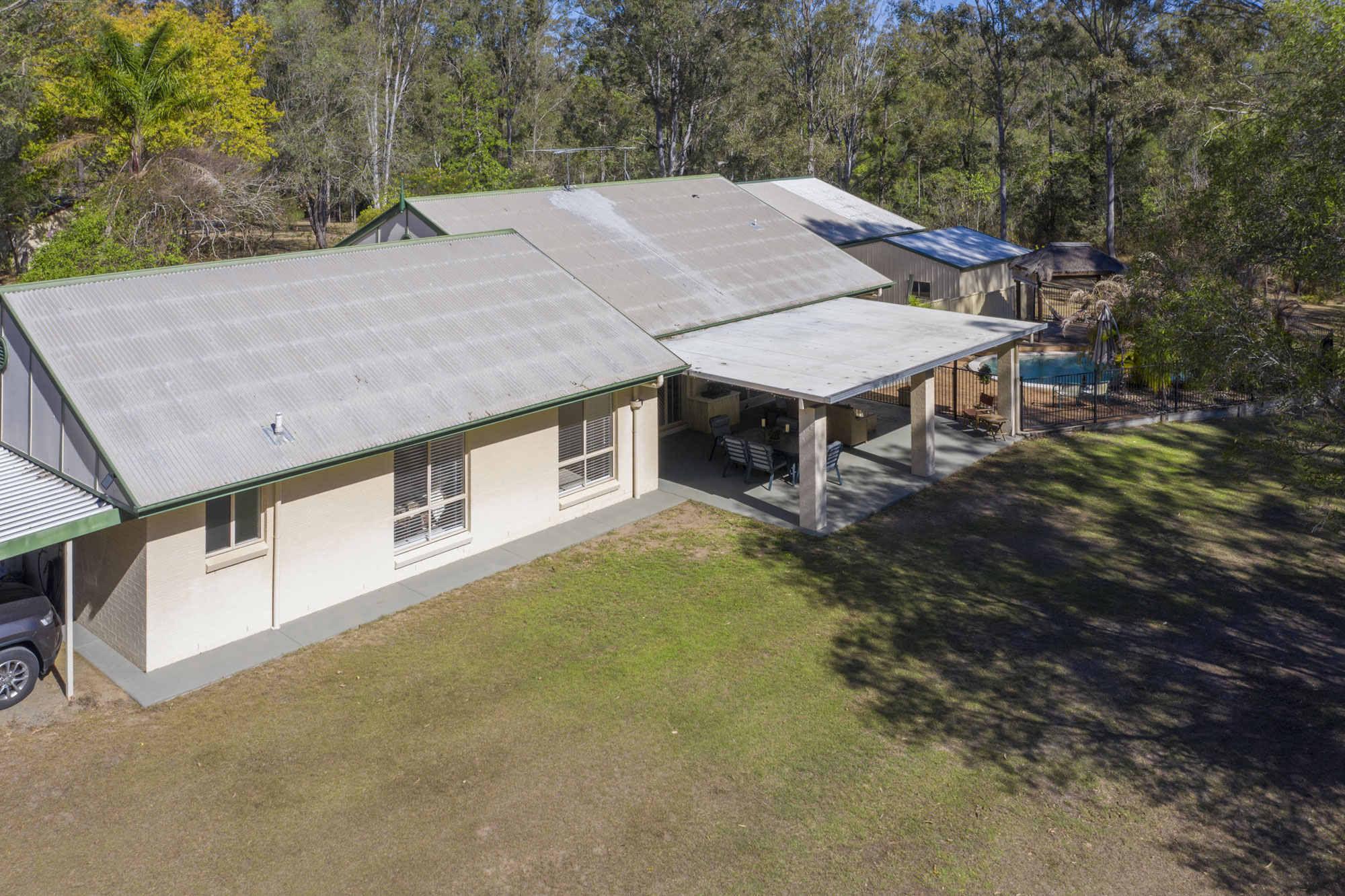 Drone photography acreage real estate Teviot Rd South Maclean looking at the rear of the home