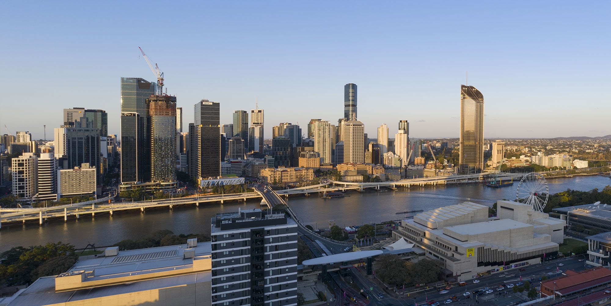 The penthouse view looking north east - drone photography for South Brisbane apartment development 3D Render backgrounds The penthouse view looking north east - drone photography for South Brisbane apartment development 3D Render backgrounds