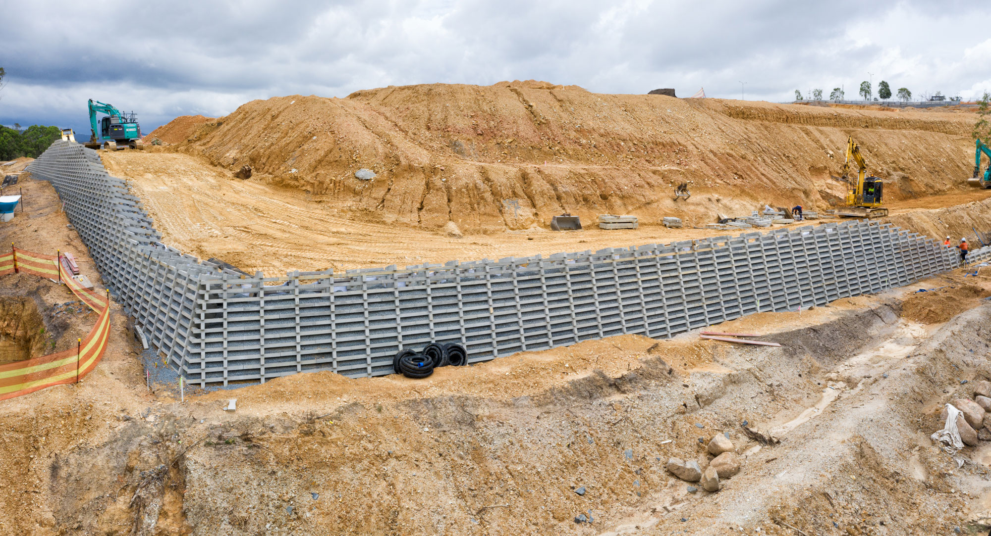 Drone photograph of Crib wall under construction at Coomera school construction