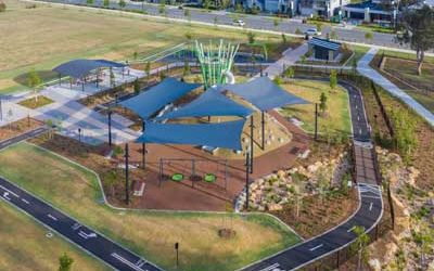 Drone video of large shade structure over council park