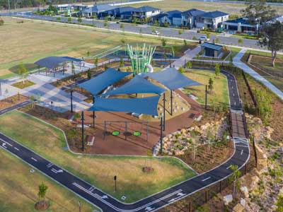 Drone video of large shade structure over council park